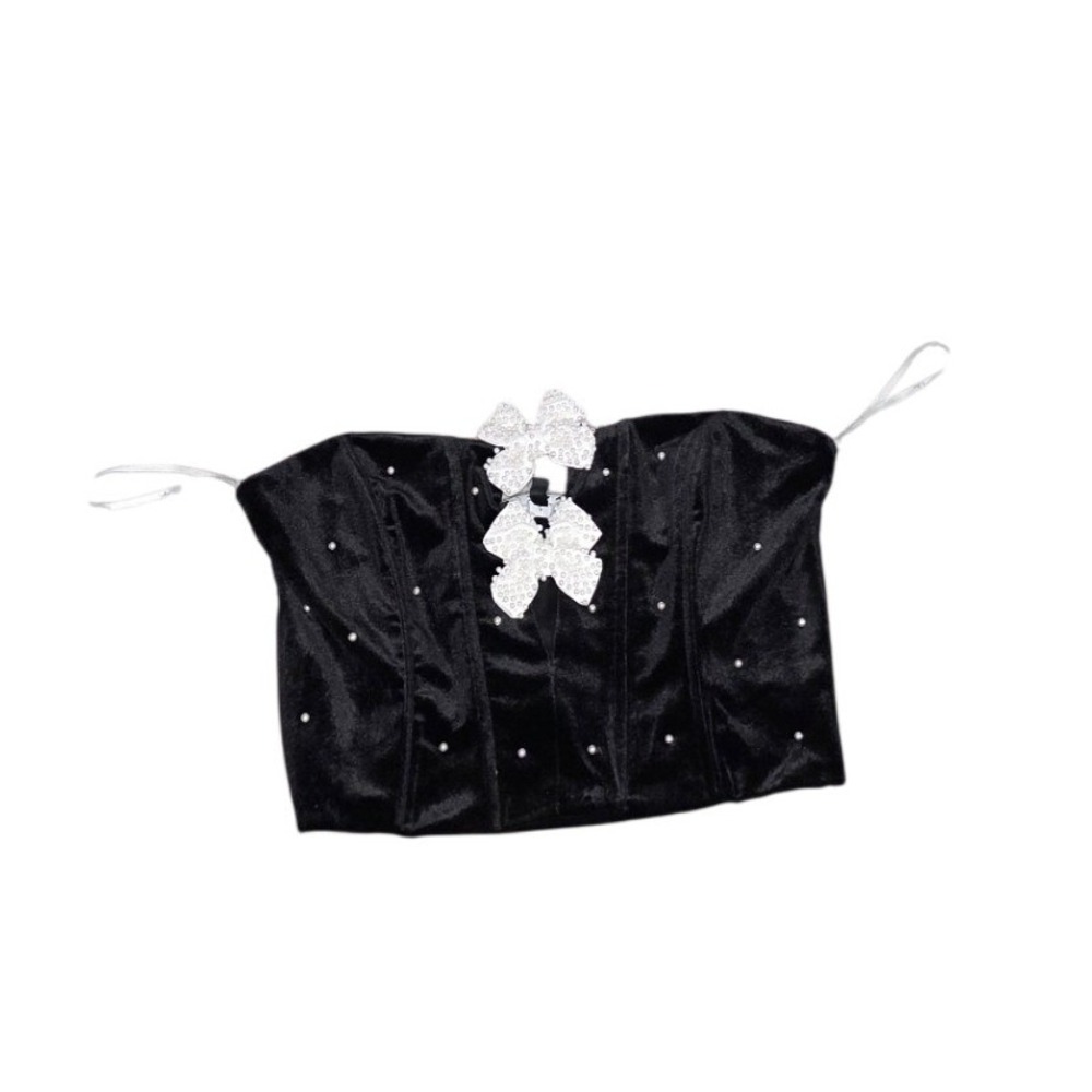 Lulus Exceptional Charmer Black Velvet Bow Strapless Crop Top Size Large